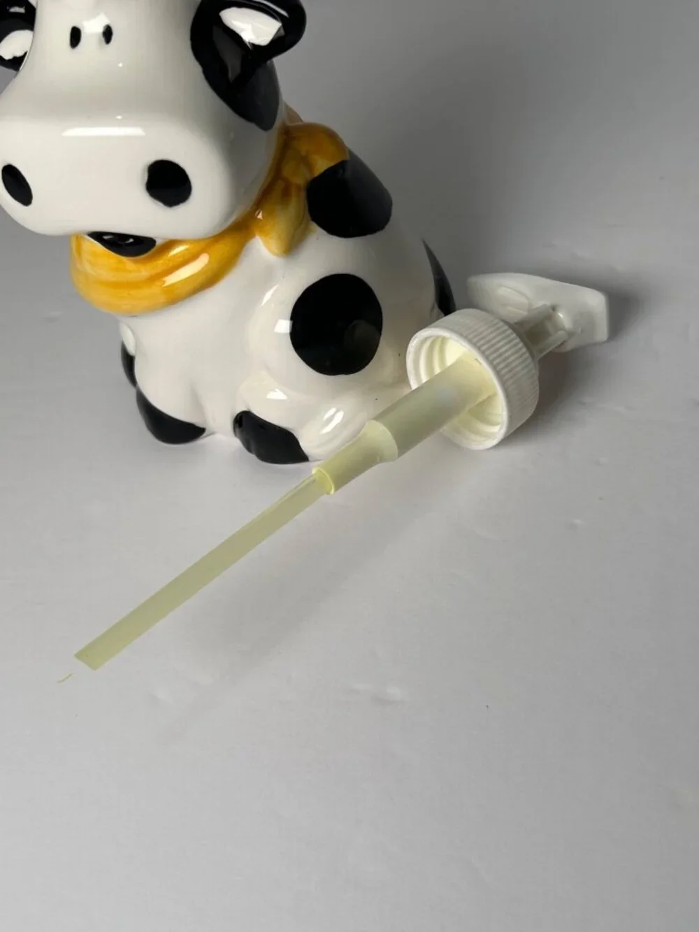 Cow Themed Ceramic Soap Dispenser Yellow Scarf Farmhouse Decor Black & White